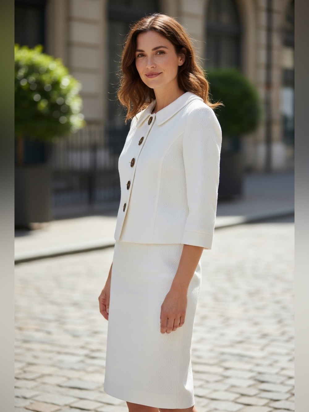 Milly White Textured Jacket with Gold Buttons with matching Skirt
